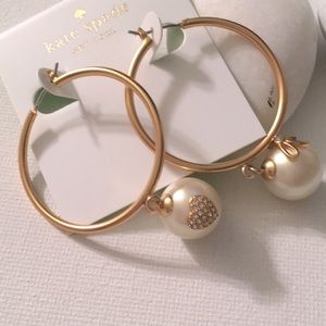 Kate Spade ♠️ New York Gold Hoop White Faux Pearl Pave’ Heart And Bow Earrings